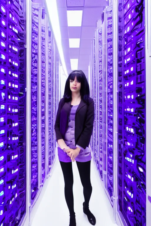 Image similar to black haired beautiful woman standing in a dark, purple led lighted server room