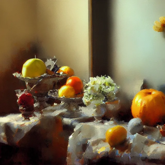 Prompt: an abtract still life painting by Craig Mullins