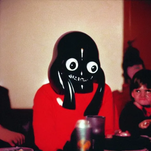 Image similar to alien creature at a soviet family dinner, 1 9 8 0 s photo, cinestill 8 0 0 t 3 5 mm, camera flash