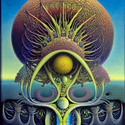 Image similar to divine chaos engine by roger dean and andrew ferez, symbolist, visionary, detailed, realistic, surreality, art forms of nature by ernst haeckel, deep rich moody colors, organic fractal structures