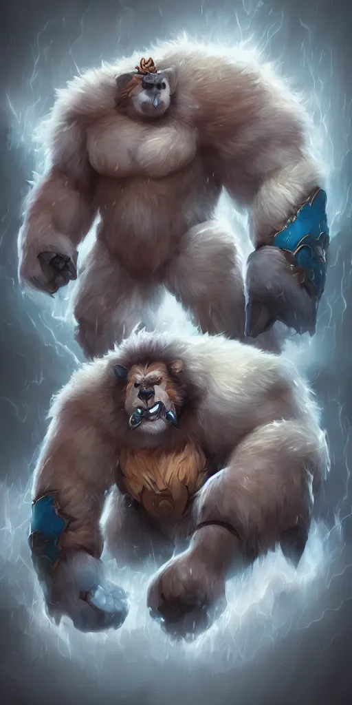 Image similar to volibear the white muscular wild bear with storm on frejlord from league of legends trending on artstation bloom