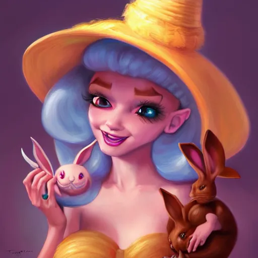 Image similar to painting of Trixie Lulamoon pulling a rabbit out of her hat, extremely detailed, trending on artstation, Artstation HQ, deviantart, by Artgerm, by Justin Gerard