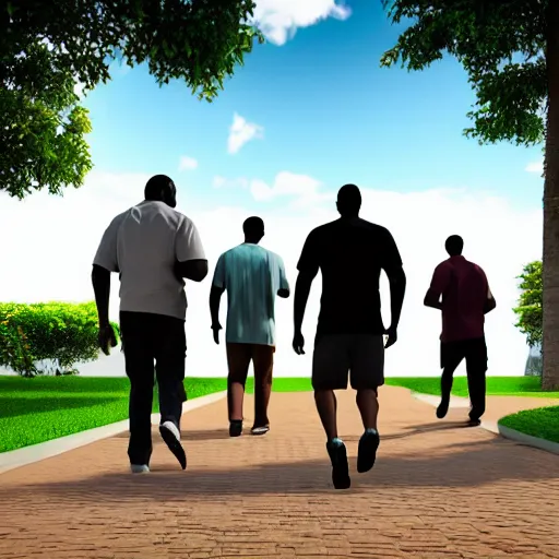 Image similar to 3 black guys walking towards a big cake. ultra realistic.