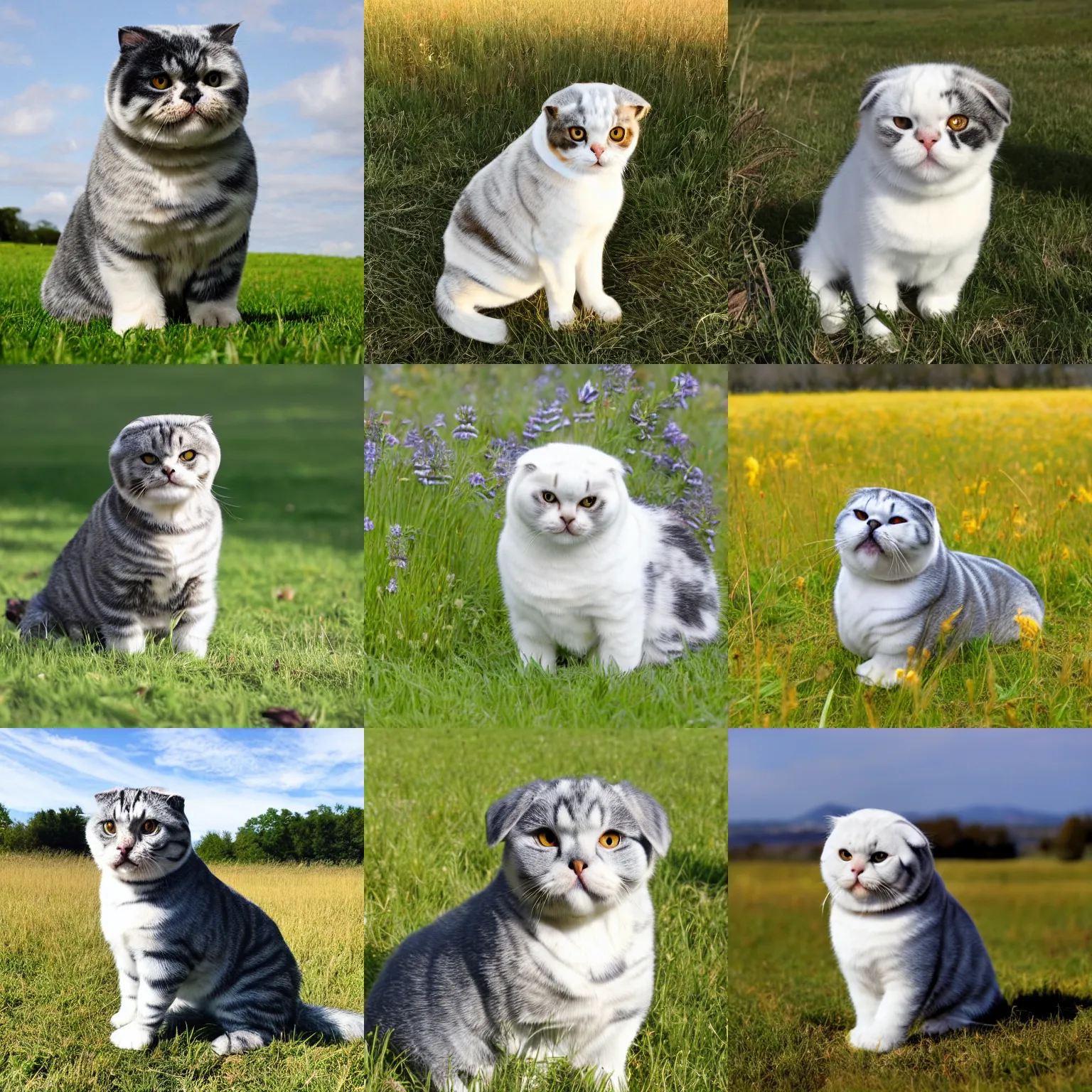 Prompt: marengo scottish fold sitting in the middle of sunny meadow