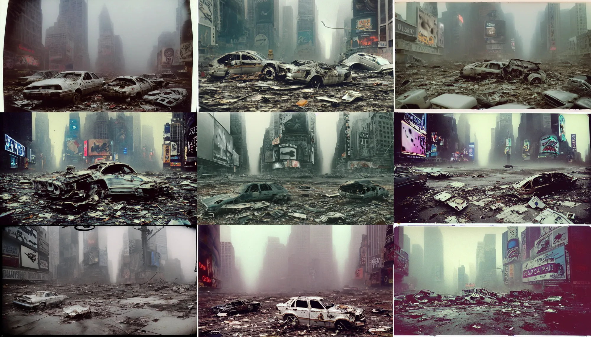 Prompt: faded photographs of octopus!!! as american white spacesuit chubby astronaut in postapocalyptic abandoned destroyed times square, wrecked buildings, destroyed flipped wrecked cars, underwater polaroid photo, vintage, foggy, 1 9 8 5, neutral colors, rainy day, color photo by gregory crewdson