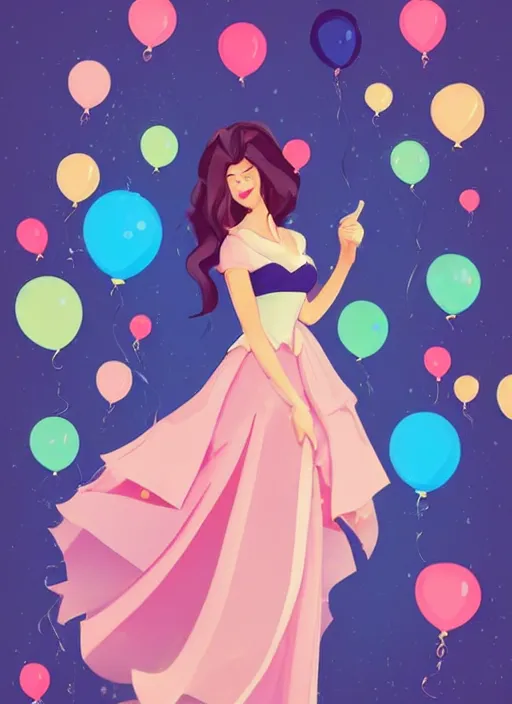 Image similar to woman resembling selena gomez dressed as a disney princess. balloons. clean cel shaded vector art. shutterstock. behance hd by lois van baarle, artgerm, helen huang, by makoto shinkai and ilya kuvshinov, rossdraws, illustration,