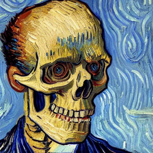 Prompt: detailed expressionist oil painting portrait by van gogh of a skeleton in a suit, a tall formal skeleton in suit and tie, expressionist portrait, color scheme of greys and whites, 8 k resolution, smooth, sharp focus