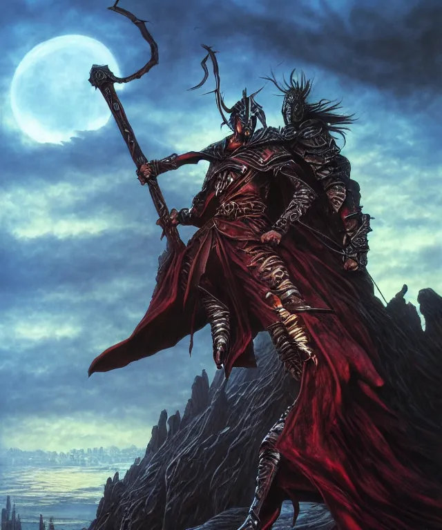 Image similar to elric of melnibone, artwork by michael whelan, full figure, action pose, dramatic lighting, cinematic, hyperrealistic, highly detailed, artstation, fantasy background setting including a city, weird - dreamlike landscape and dramatic sky