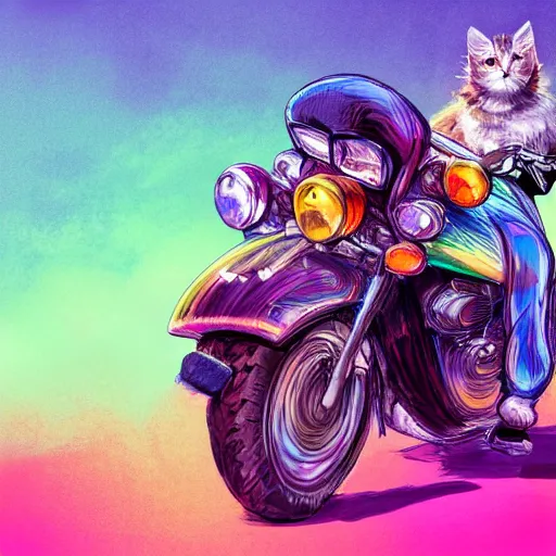 Image similar to wide angle full body, jacket wearing fluffy cute rainbow kitten wearing a black leather motorcycle jacket, riding on a motorcycle, cinematic concept art