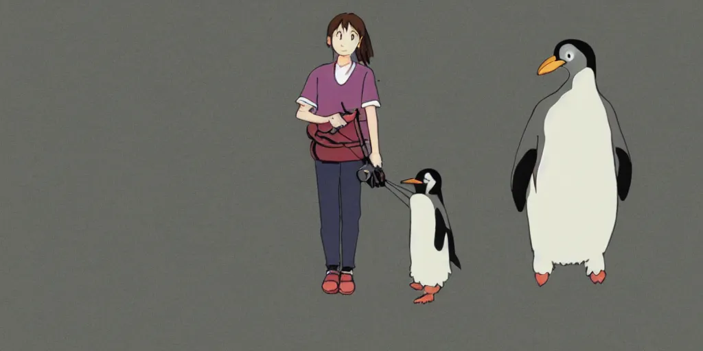 Image similar to a girl with a penguin on her shoulder, still from a studio ghibli film