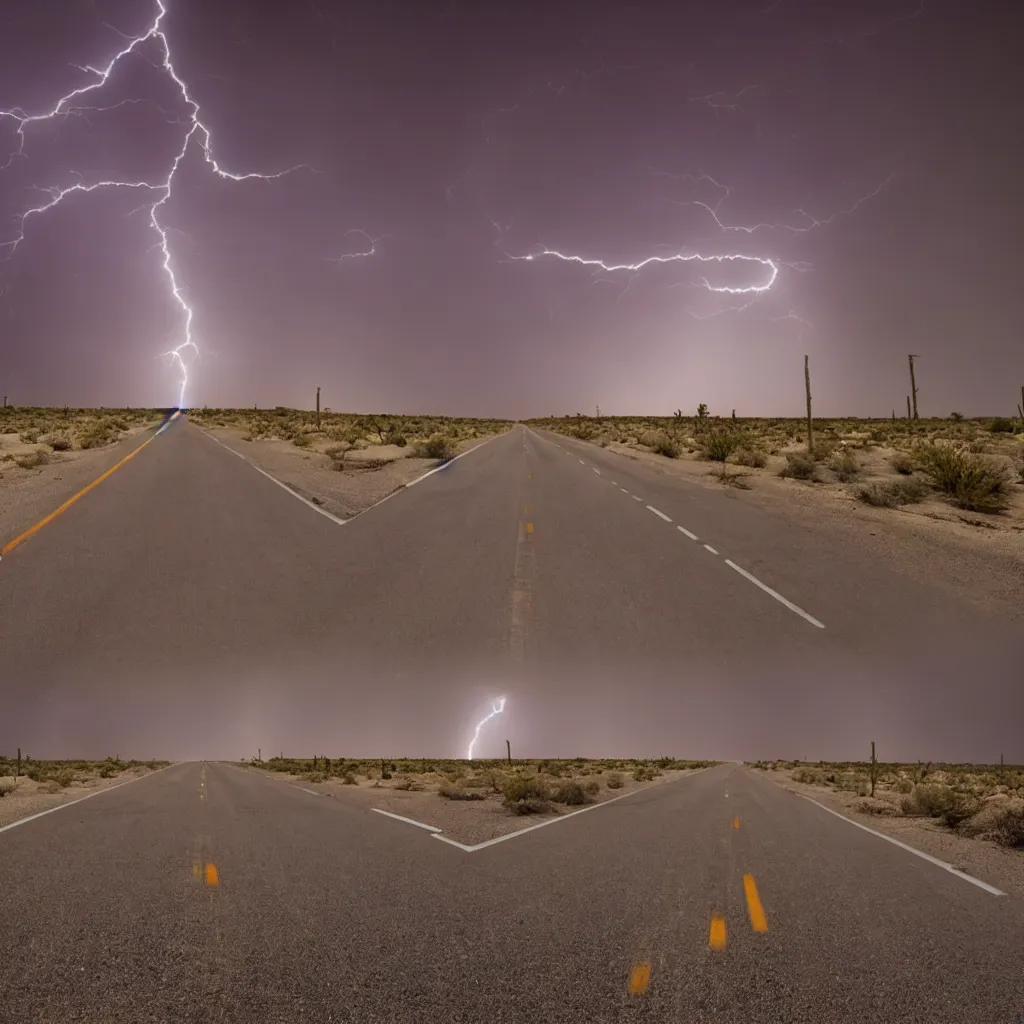 Prompt: photo of road at night desert distant flash of lightning