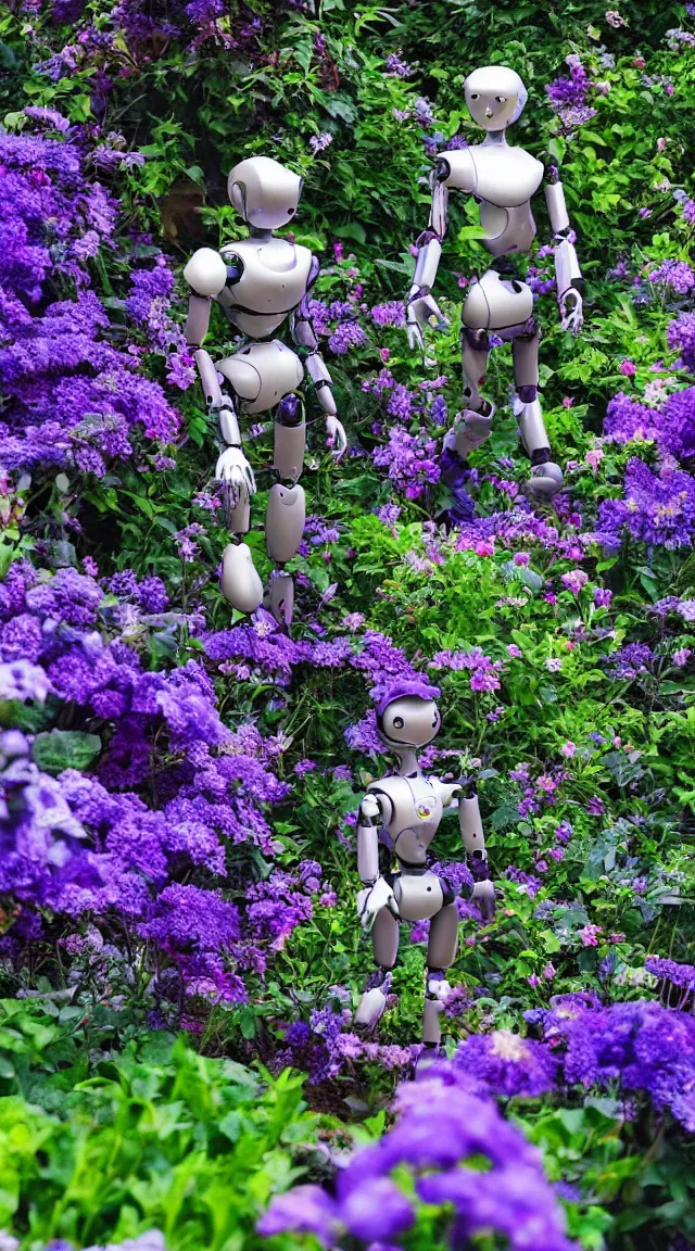 Prompt: single toy humanoid robot in a garden looking around, hyper detailed, sharp focus, bokeh, unreal engine, ray tracing, cute, fantasy, sci fi, purple flowers, blue flowers, violet flowers, glowing flowers, tiny, small, hyper realistic, sky