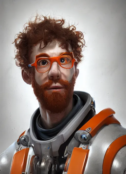 Prompt: biopunk portrait of curly orange hair man as a scientist, au naturel, hyper detailed, digital art, trending in artstation, cinematic lighting, studio quality, smooth render, unreal engine 5 rendered, octane rendered, art style by pixar dreamworks warner bros disney riot games and overwatch.