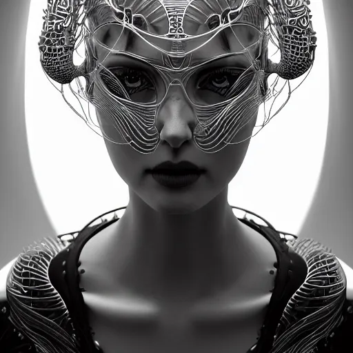 Prompt: closeup portrait of an absurdly beautiful, graceful, sophisticated, fashionable cyberpunk mechanoid gravure idol, ultrafine hyperdetailed illustration by irakli nadar, matt wisniewski style, marvel comics, intricate linework, porcelain skin, neon jellyfish headdress, ivory carved ruff, unreal engine 5 highly rendered, global illumination, radiant light, detailed and intricate environment