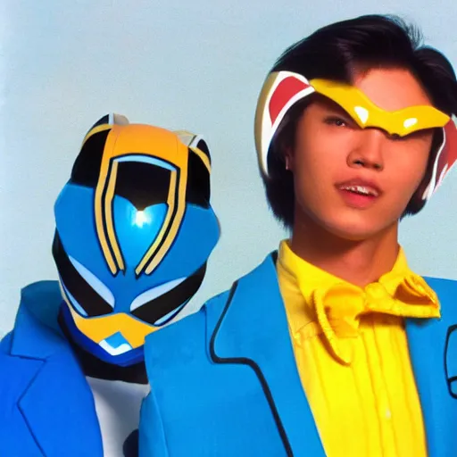 Prompt: a photograph of a super sentai Ranger wearing a dolphin themed blue and white suit, 80s aesthetic