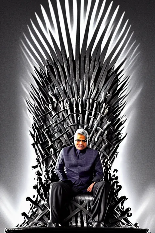 Image similar to Ranil Wickramasinghe sitting on the iron throne, digital art, dark color scheme