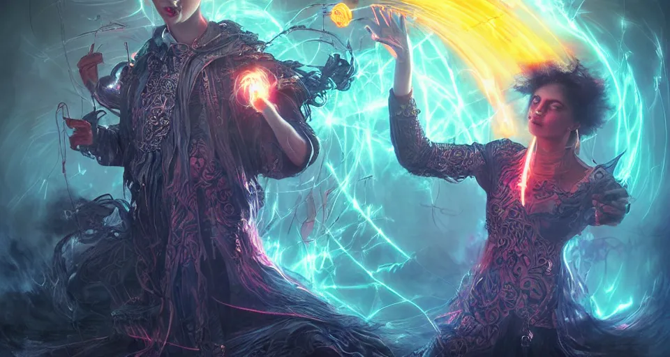 Prompt: evil magical sorcerer battles with bolts of electricity, digital art, intricate, dramatic lighting, neon colors, cinematic, holographic runes, art by tom bagshaw