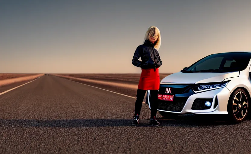 Prompt: photograph of a cell-shaded Honda EK9 Type-R with a lonely techwear woman , on a desert road with a futuristic city in the horizon, one point perspective, 1-point perspective, tilt shift, sigma 85mm f/1.4, 4k, depth of field, high resolution, 4k, 8k, hd, full color