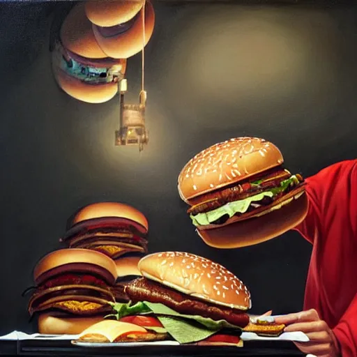 Image similar to Michael Jordan dunking a big mac hamburger, eating burgers, dripping BBQ Sauce, serving burgers, hospital room, intricate, elegant, highly detailed, digital painting, artstation, concept art, matte, sharp focus, illustration, art by Artgerm and Greg Rutkowski and Alphonse Mucha