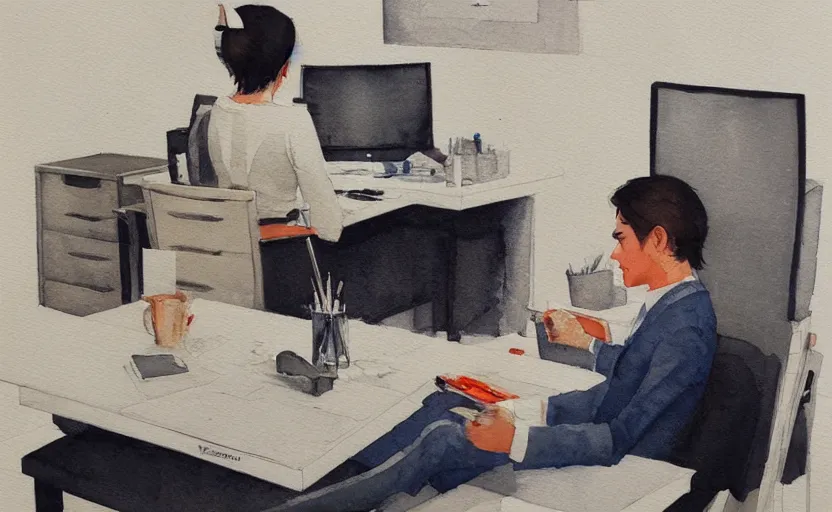 Image similar to concept art of a modern office life, pinterest, artstation trending, behance, watercolor, by coby whitmore *, silver, laser light *,