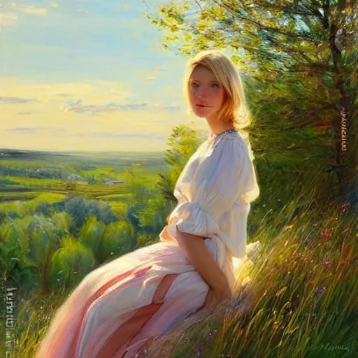 Image similar to blonde woman watching over the swedish countryside, archipelago, masterpiece, highly detailed, beautiful, atmospheric, impressionism, painting by Vladimir Volegov