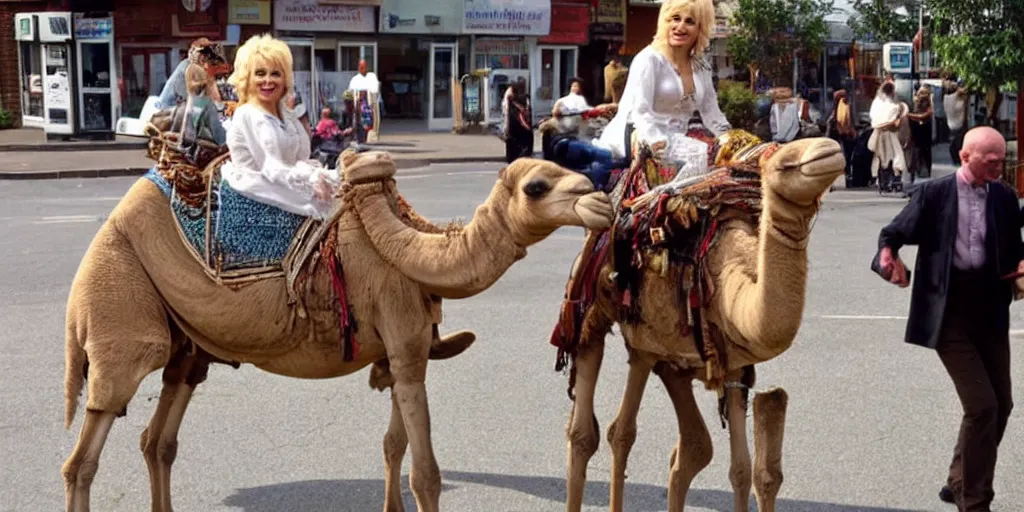 Image similar to Dolly Parton riding a camel in Slough