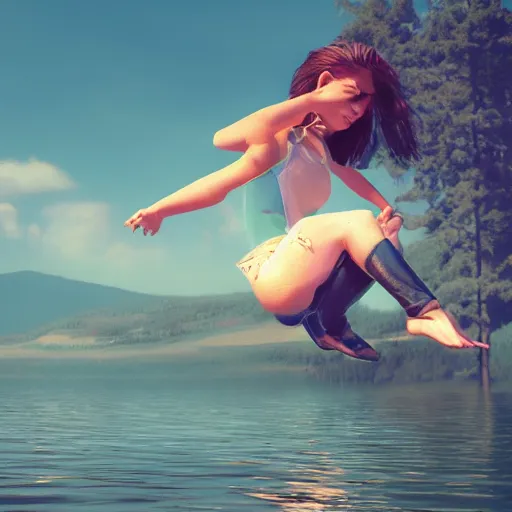 Image similar to girl telekinetically soars over the lake and raises water around her, fantasy art, 4 k, trending on artstation, artstationhd, artstationhq