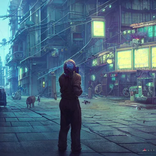 Prompt: A solarpunk very detailed farmer on the street of a very detailed solarpunk city art by Greg Rutkowski, neofuturistic highly detailed, digital art, smooth cyan gold light, sharp focus, Golden Ratio illustration, realistic concept art by Stephen Hickman and James Gurney and Hiromasa Ogura Ghost in the Shell rendered in Octane Render