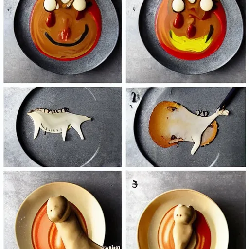 Image similar to making of an edible giraffe from noodles and soy sauce in 4 steps, each step is a progression from the last, from the beautiful'how to make food art step by step collection ', dslr