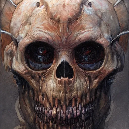 Image similar to realistic scifi monster in hell, closeup portrait art by donato giancola and greg rutkowski, realistic face, digital art, trending on artstation, skull helmet, symmetry!!!