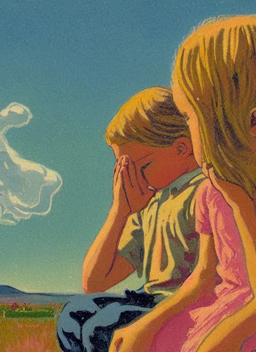 Image similar to an extreme close - up low angle portrait of a young girl and her young brother praying in a scenic representation of mother nature and the meaning of life by billy childish, thick visible brush strokes, shadowy landscape painting in the background by beal gifford, vintage postcard illustration, minimalist cover art by mitchell hooks