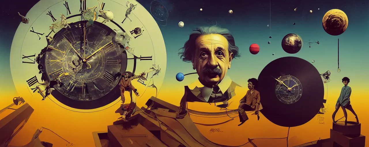 Image similar to duotone surreal illustration 3 / 4 portrait of albert einstein measuring time on salvadore dali clock in outer space. golden ratio accidental renaissance. by sachin teng and sergey kolesov and ruan jia and heng z. graffiti art, scifi, fantasy, hyper detailed. octane render. concept art. trending on artstation