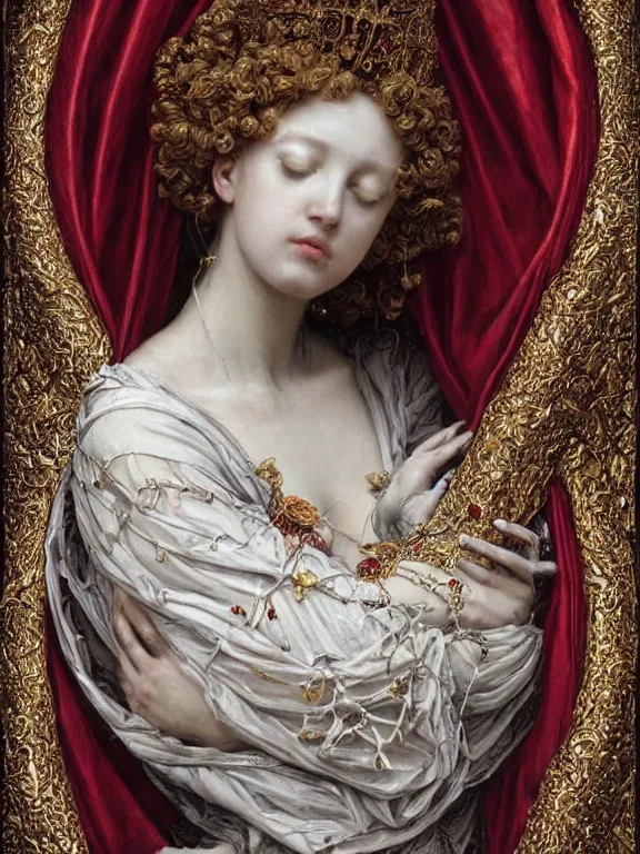 Image similar to a beautiful render of a baroque catholic veiled red queen with symmetry intricate detailed heart sculpture,pieta.by Lawrence Alma-Tadema, peter gric,aaron horkey,Billelis,trending on pinterest,hyperreal,jewelry,gold,intricate,maximalist,glittering,golden ratio,cinematic lighting