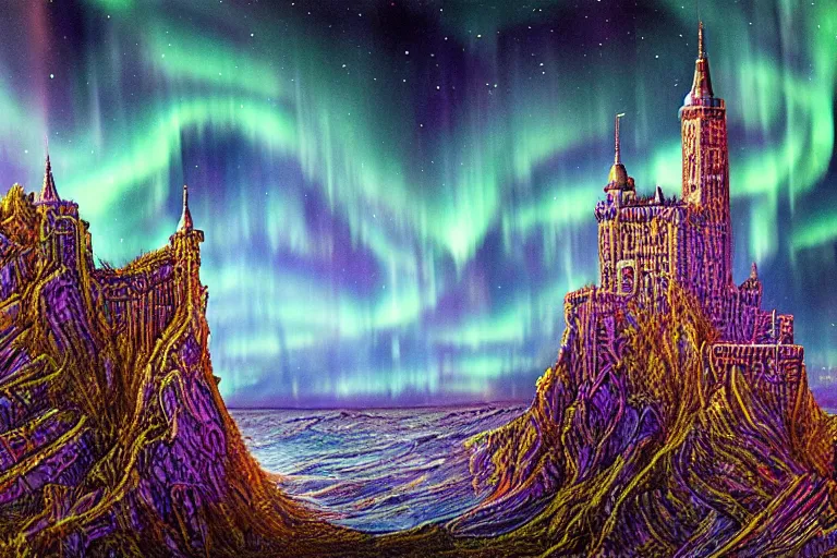 Image similar to highly detailed photoreal eldritch biomechanical castle on a cliff, aurora borealis, psychedelic