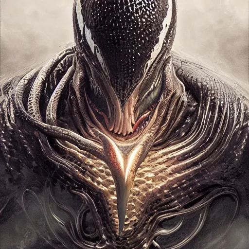 Image similar to portrait of venom, intricate artwork, concept art, octane render, deviantart, cinematic, key art, hyperrealism, iridescent accents, portrait photograph, nikon 3 5 mm, photograph by greg rutkowski