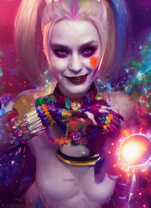 Prompt: cosmic portrait of harley quinn as a celestial being, hyper detailed, digital art, cinematic lighting, studio quality, smooth render, unreal engine 5, octane rendered, art style by klimt and nixeu and ian sprigger and wlop and krenz cushart.