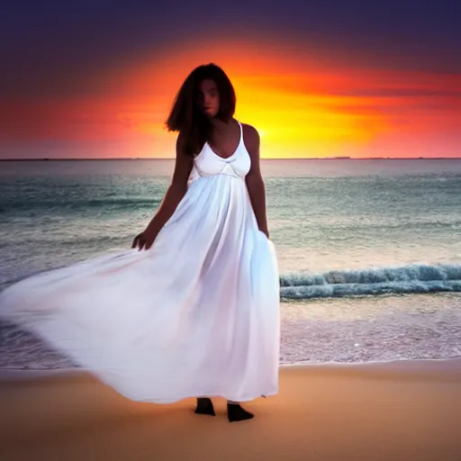 Prompt: a beautiful photograph of a woman in a white dress on the beach at sunset, by chris freilich