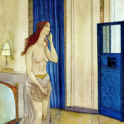 Image similar to a lonely girl in a liminal hotel room, watercolor by botticelli, limited color palette, very intricate, art nouveau, highly detailed, lights by hopper, soft pastel colors, minimalist