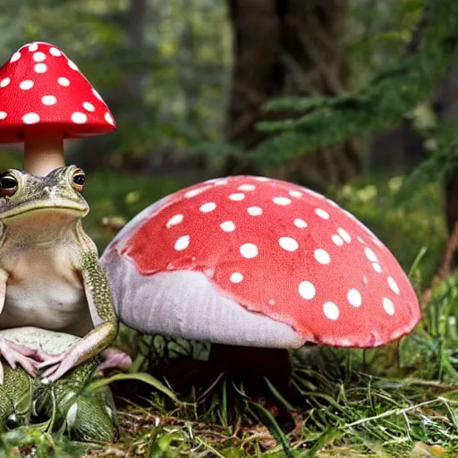 Prompt: A toad seated on an amanita-colored chair, a frog in a relaxing pose manspreading on a toadstool, chair with a red polka dot pattern