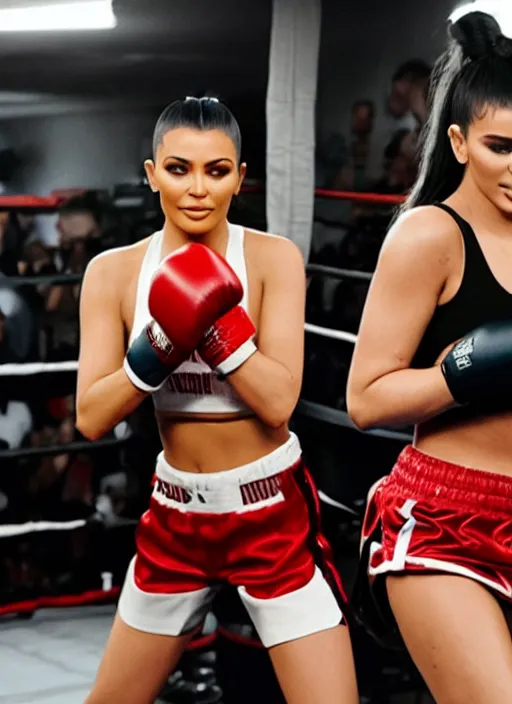 Image similar to film still of kylie Jenner boxing kim kardashian.