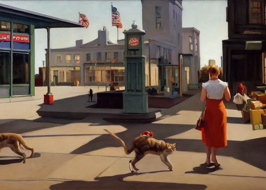 Image similar to a brownish gray tabby cat walking on its hind legs like a human shopping at costco, american realism style, edward hopper, george bellows, bo bartlett, jamie wyeth