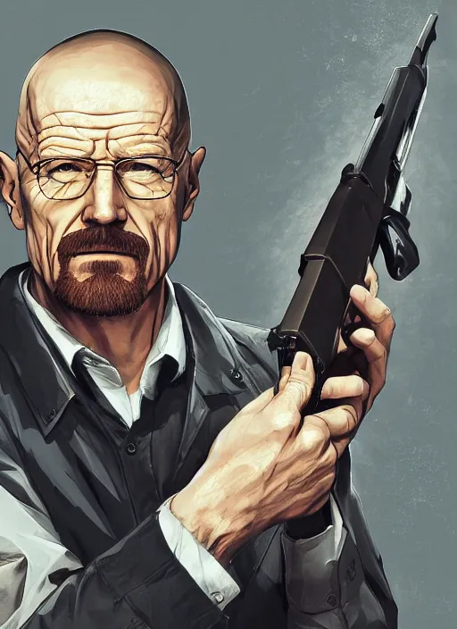 Prompt: a portrait of walter white holding a shotgun, digital painting masterpiece, advanced lighting technology, stylized yet realistic anatomy and face, gorgeous, by shigenori soejima and bastien vives and balak and michael sanlaville, 4 k wallpaper, cinematic, gorgeous brush strokes, coherent and smooth