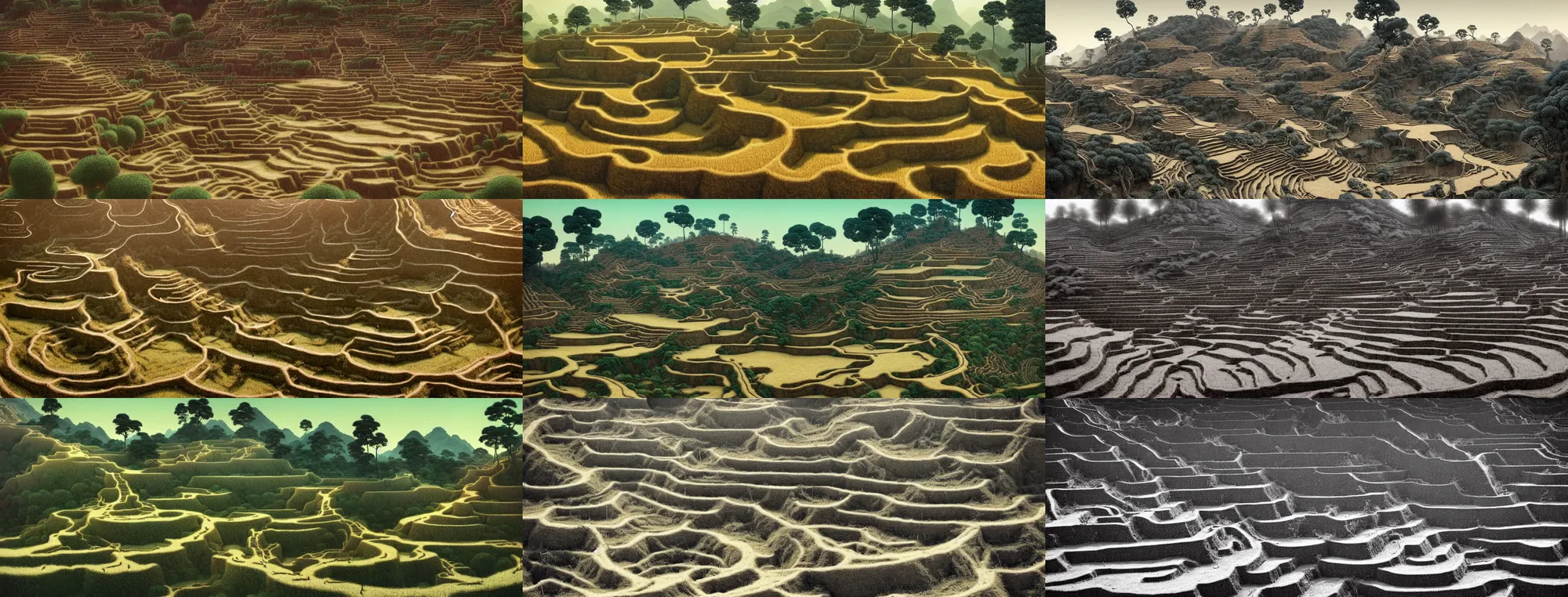 Image similar to dead trees has just sprouted!! terraced fields. chinese village. a gorgeous landscape painting by barlowe wayne maxfield parrish and marco mazzoni. very little snow on the dead tree. china waterwheel. the winding steps. ultra clear detailed. highly detailed, 3 d, octane render.