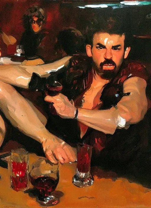 Image similar to glam rocker drinking brutal and raw wine with his friends, inside a green room with red lights by joaquin sorolla, phil hale
