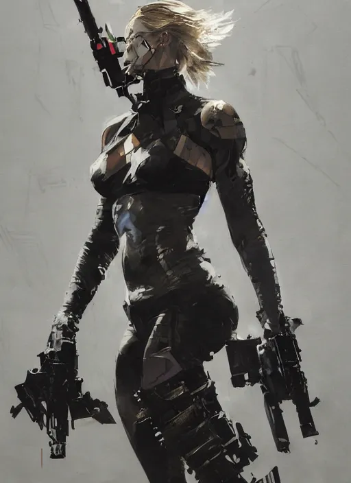 Image similar to Margot Robbie wearing metal gear armor holding revolver dramatic lighting art by Yoji Shinkawa by Richard Schmid by greg rutkowski by Sandra Chevrier by Jeremy Lipking cinematic dramatic