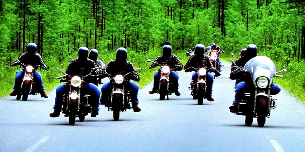 Prompt: motorcycle gang riding in finland, summer, moebius style