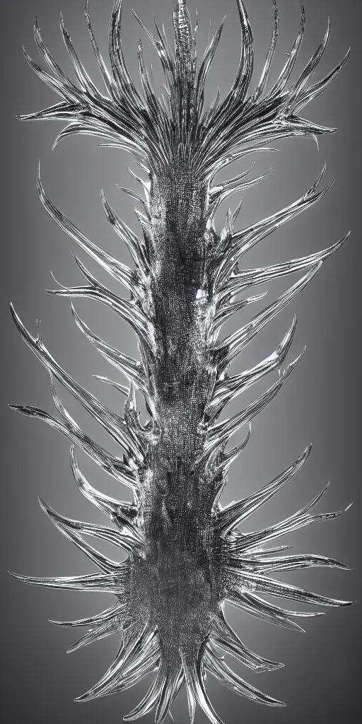 Image similar to a photorealistic render of a metallic neotribal spiky glaucus atlanticus sculpture, greyscale, made of liquid metal, c 4 d, by zhelong xu and ernst haeckel, wide angle, hyper realistic, plain background, 8 k, volumetric lightning, octane render