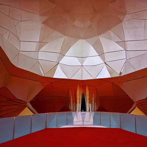 Image similar to interior of a futuristic lotus temple with gold, red and white marble panels, in the desert, by buckminster fuller and syd mead, intricate contemporary architecture, photo journalism, photography, cinematic, national geographic photoshoot