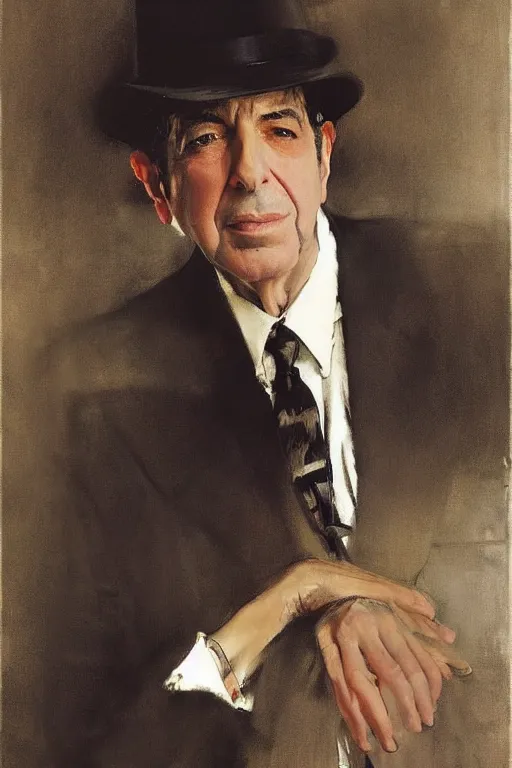 Image similar to Leonard Cohen, wearing a trilby hat, portrait by John Singer Sargent, Frank McCarthy, Robert McGinnis, norman Rockwell