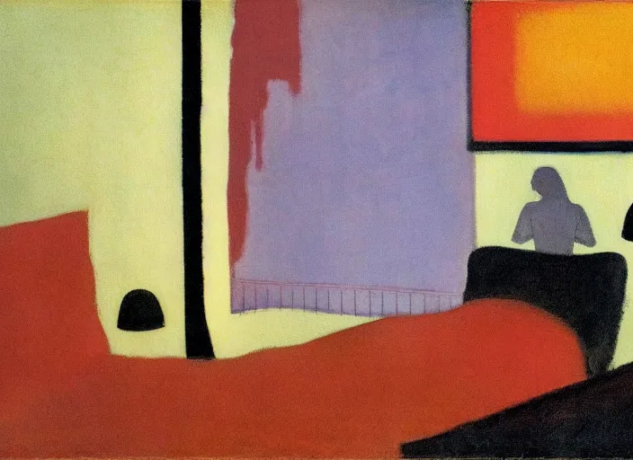 Prompt: lovers collapsed in a the room of burgundy curtains wrapped in wires, melting drips over a photo, edward hopper, vibrating eerie palette of Mark Rothko, mixed with style of Peter Doig